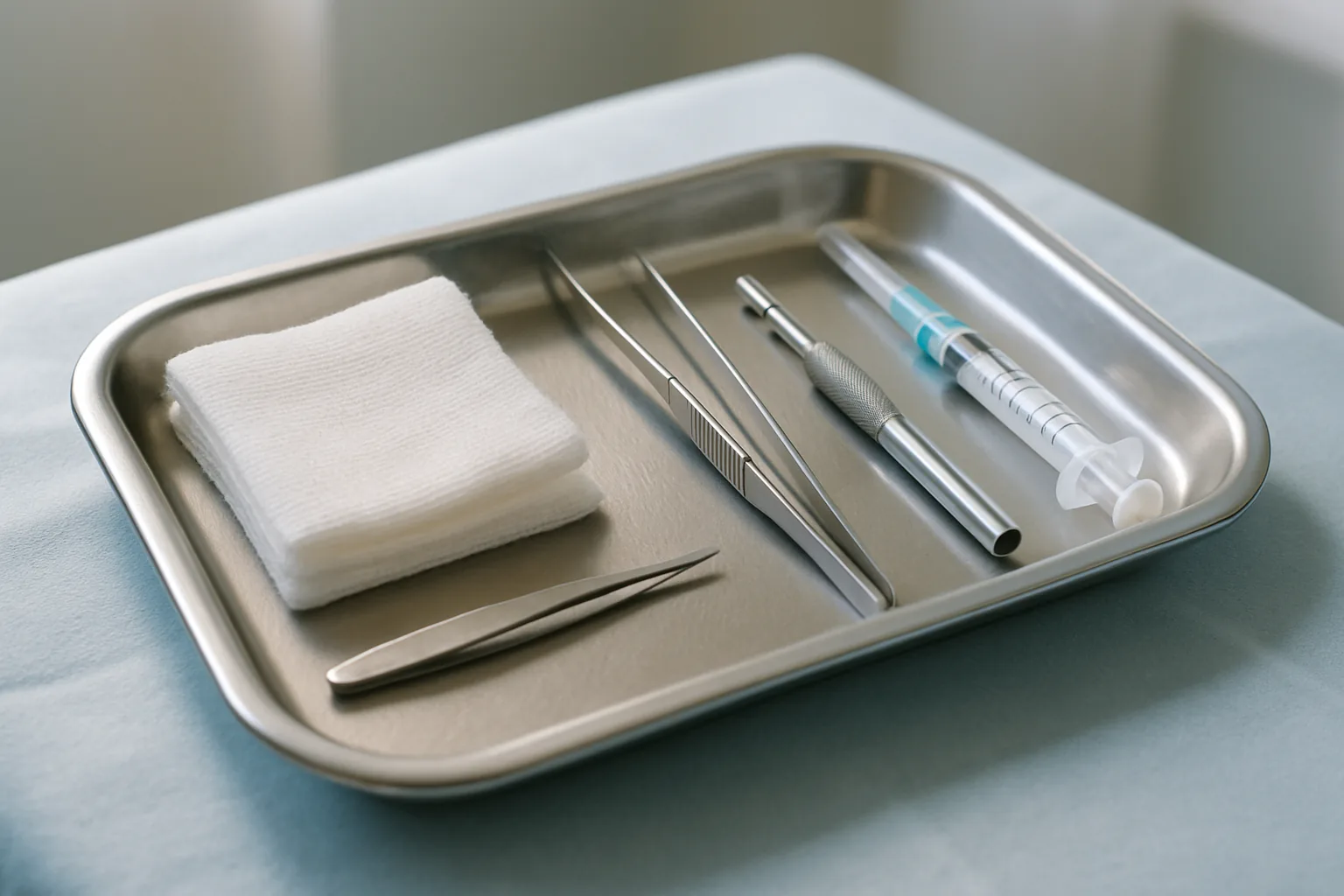 A sterile stainless steel tray holding folded gauze, fine forceps, a punch tool, and a syringe in a dermatology clinic.