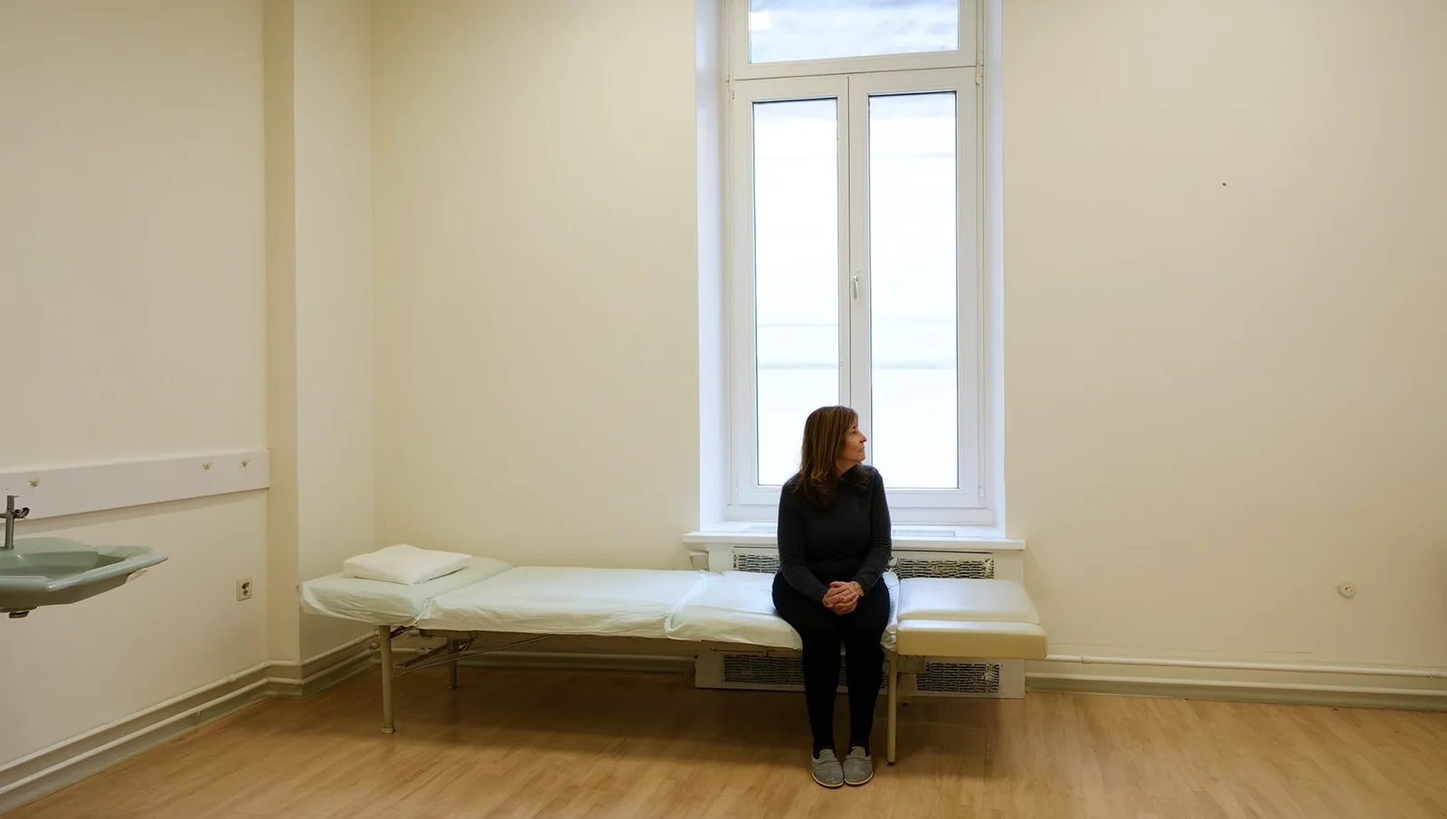 A woman sitting alone on the edge of an examination couch in a bright, empty clinic treatment room.