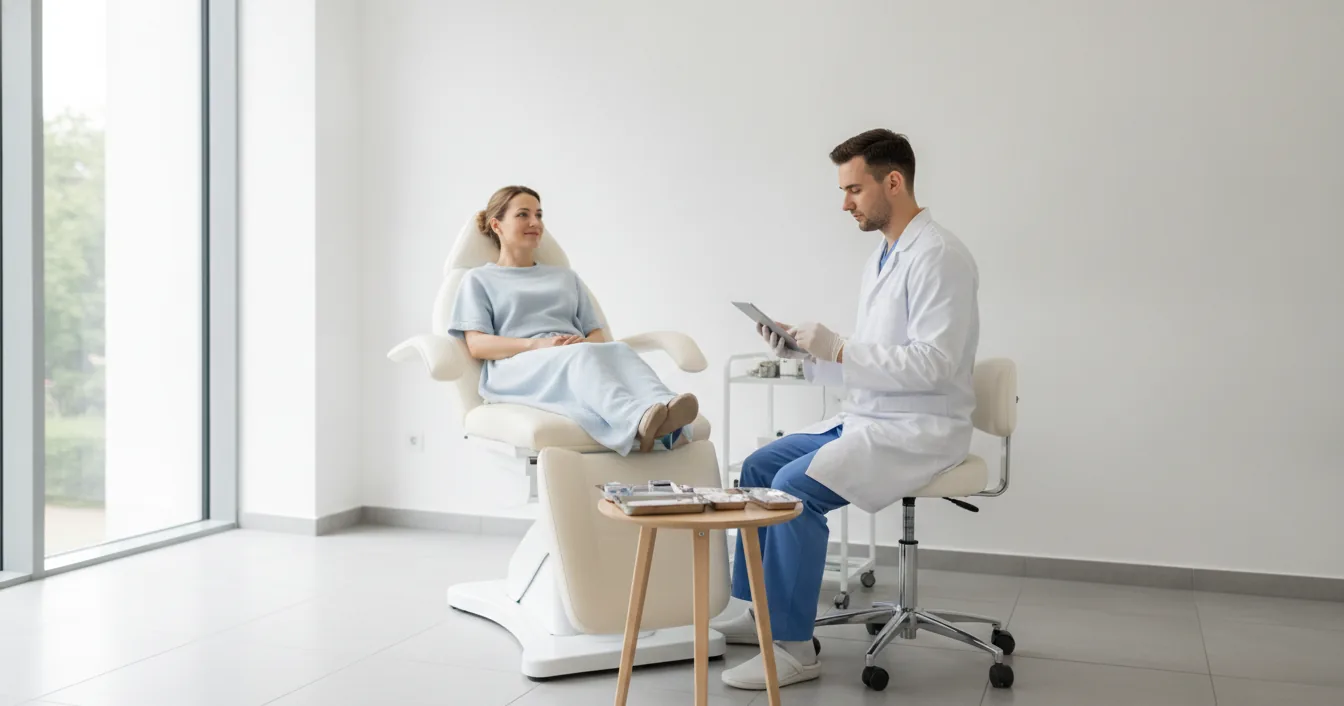 A dermatologist in a bright treatment room reviews notes on a tablet while a patient sits in the examination chair.