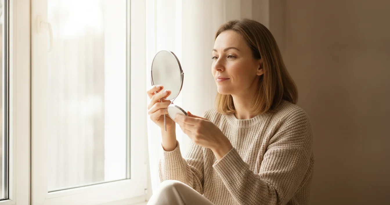 A woman examining her eyebrows in a small handheld mirror