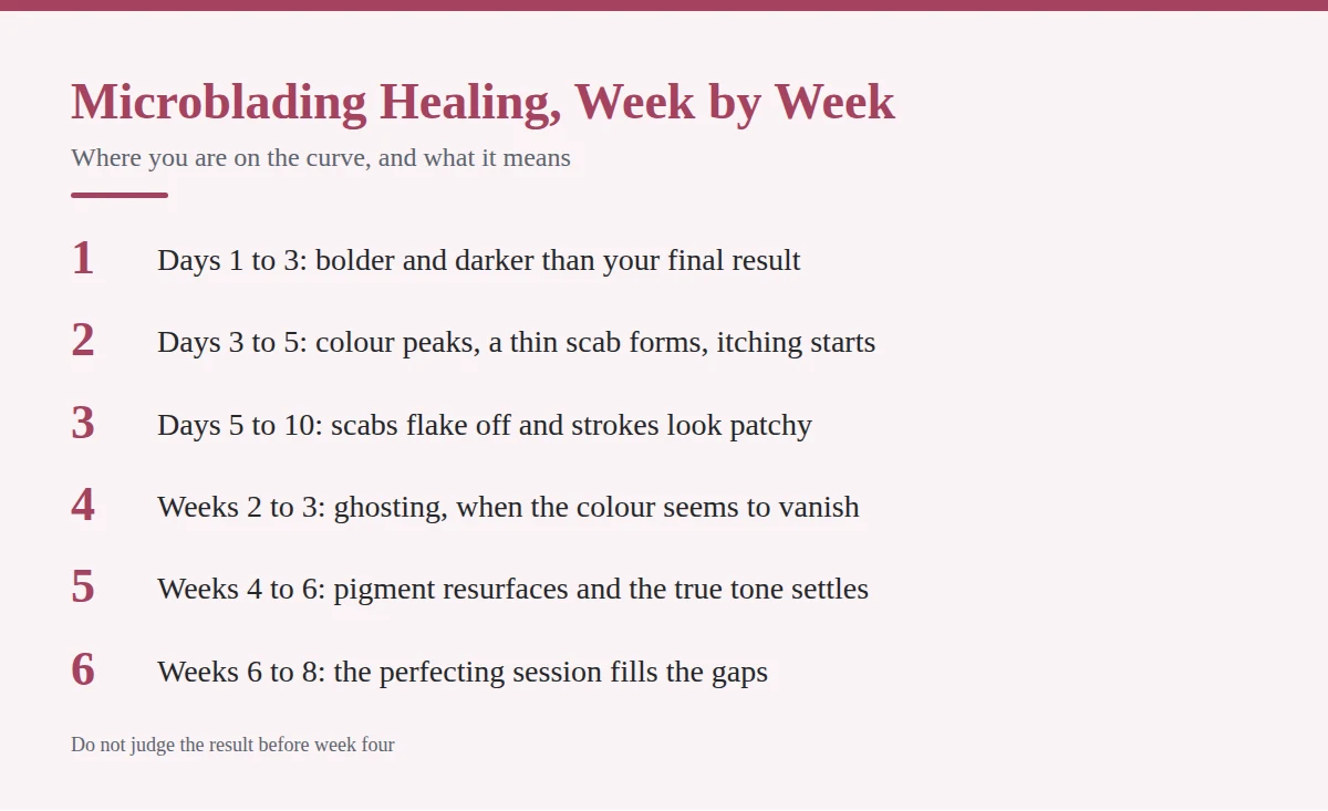 Summary card: Microblading Healing, Week by Week
