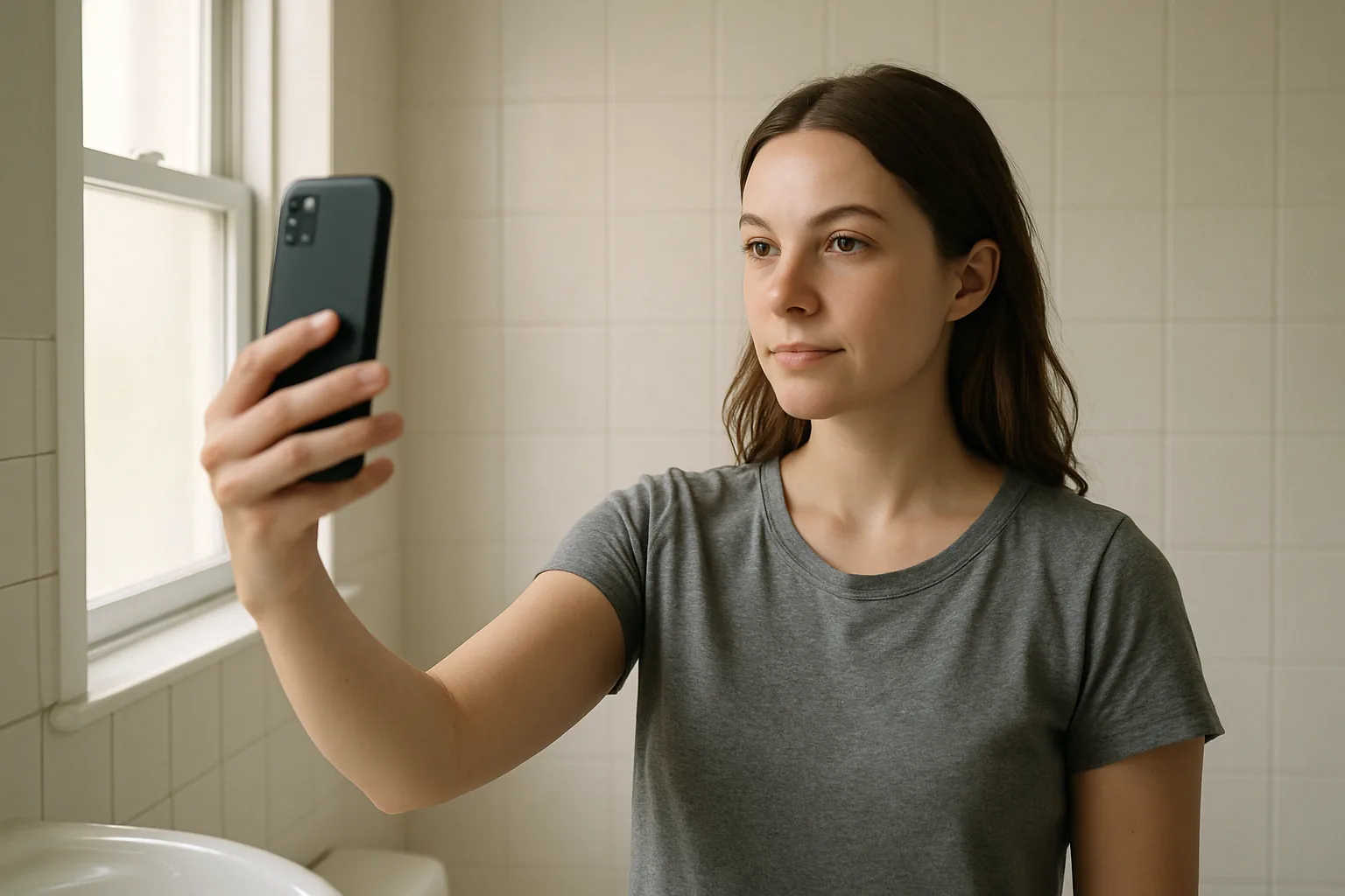 A woman photographing her own face with a phone in a bathroom