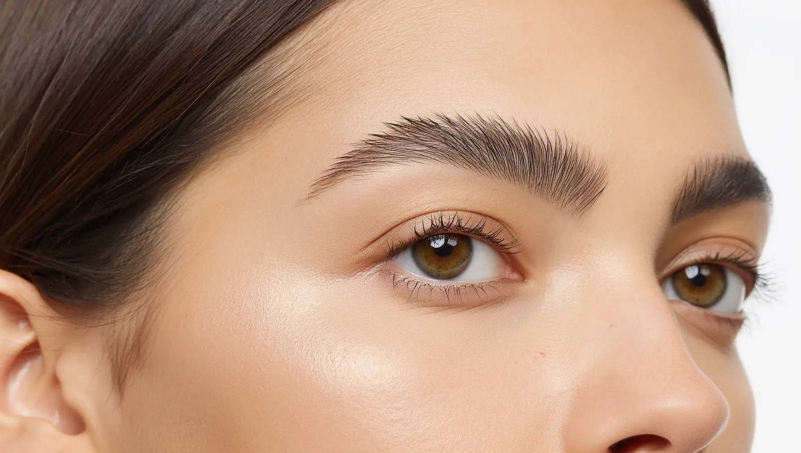 Extreme close-up of a woman's softly defined, naturally healed eyebrows.