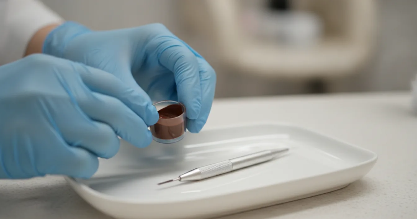 A close-up of a microblading artist's gloved hands holding a small cap of brown pigment beside a hand tool.