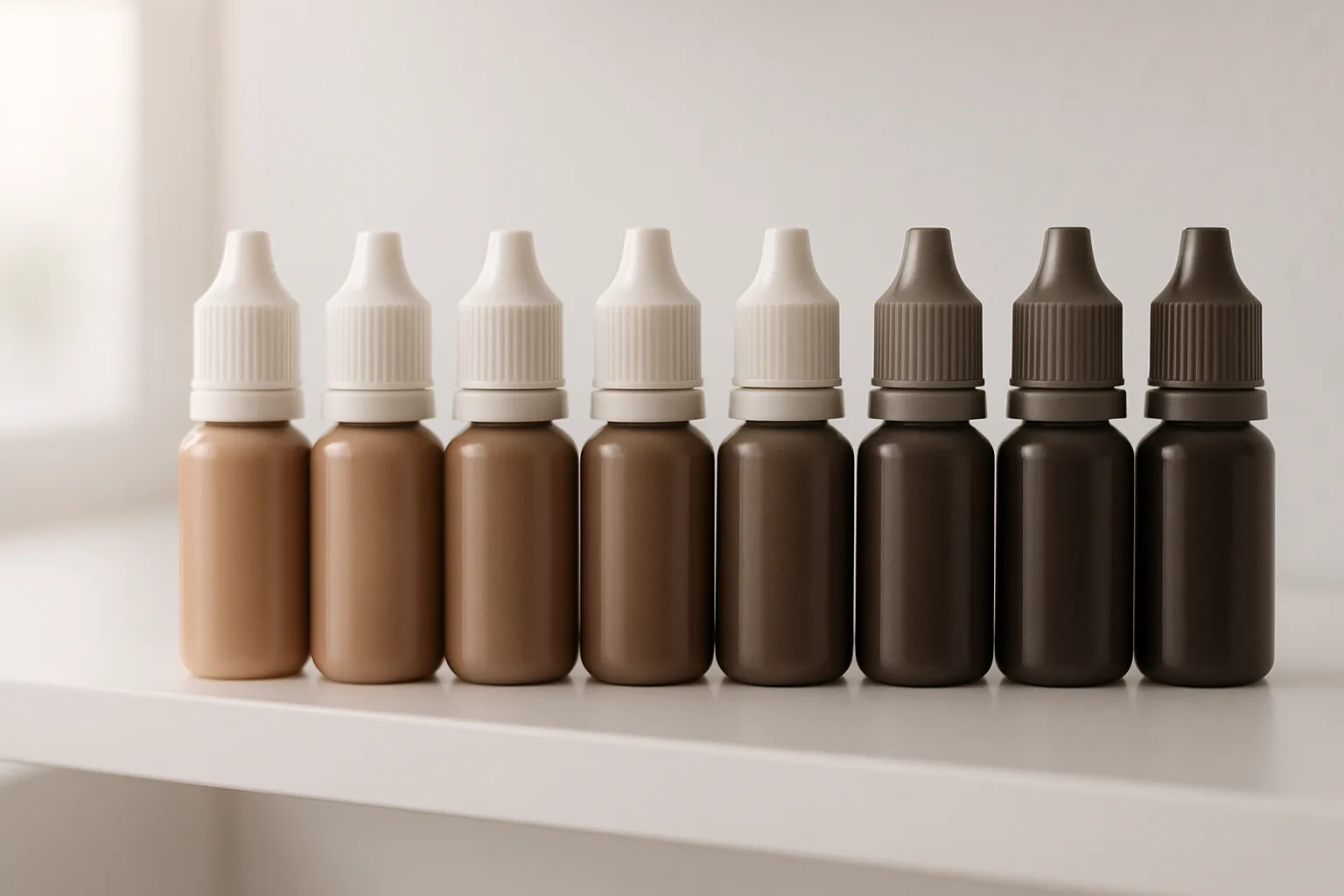 A row of permanent makeup pigment bottles in graduated brown and taupe shades on a studio shelf.