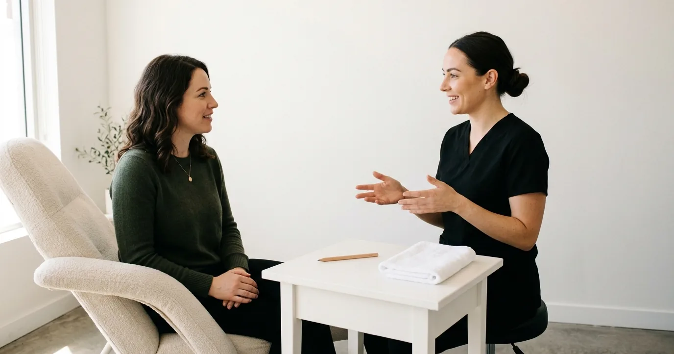 Client and brow artist talking across a studio table