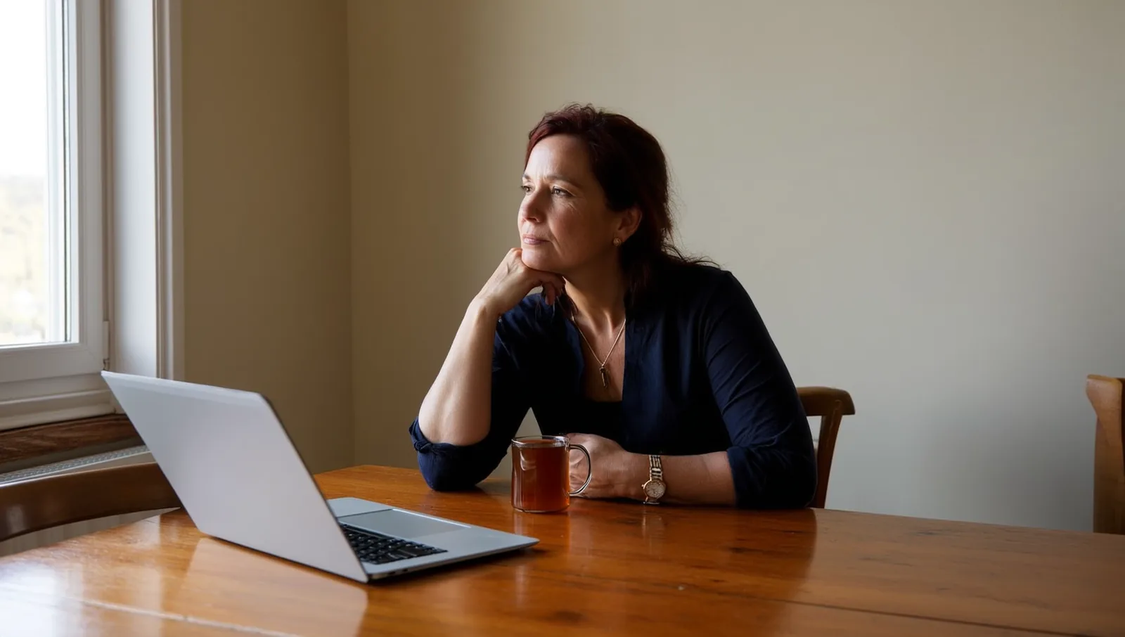 Woman at a kitchen table with a laptop and tea