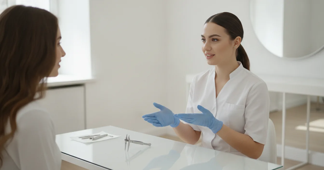 A gloved brow artist reviews a consent form with a client during a microblading consultation in a bright, clean studio.