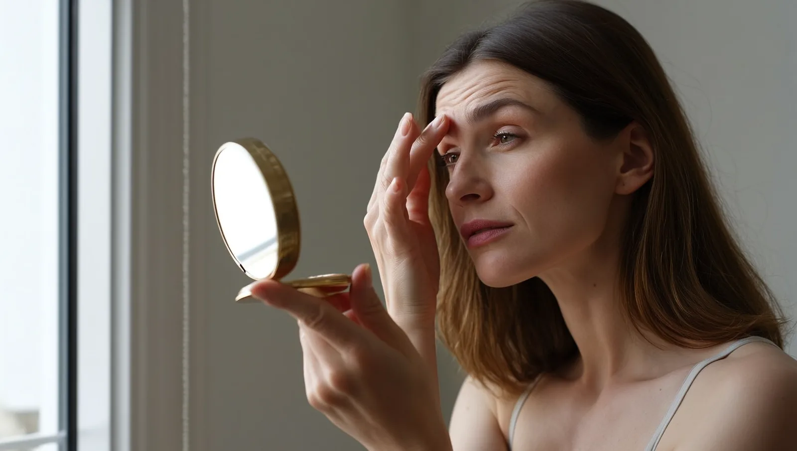 A woman studies her healed eyebrows in a handheld mirror by a window in soft natural light.