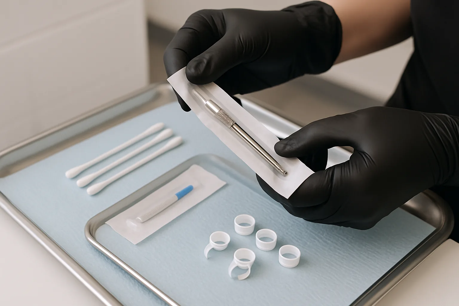 A brow technician's gloved hands opening a sealed single-use microblading tool over a clean tray of fresh supplies.