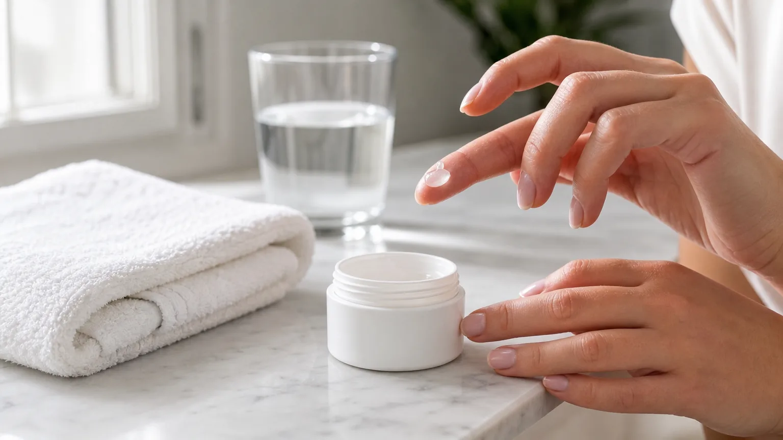A fingertip with a dab of ointment above an open white jar