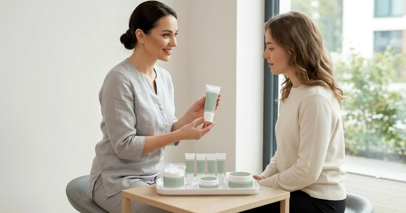 A brow artist showing a client a labelled product tube