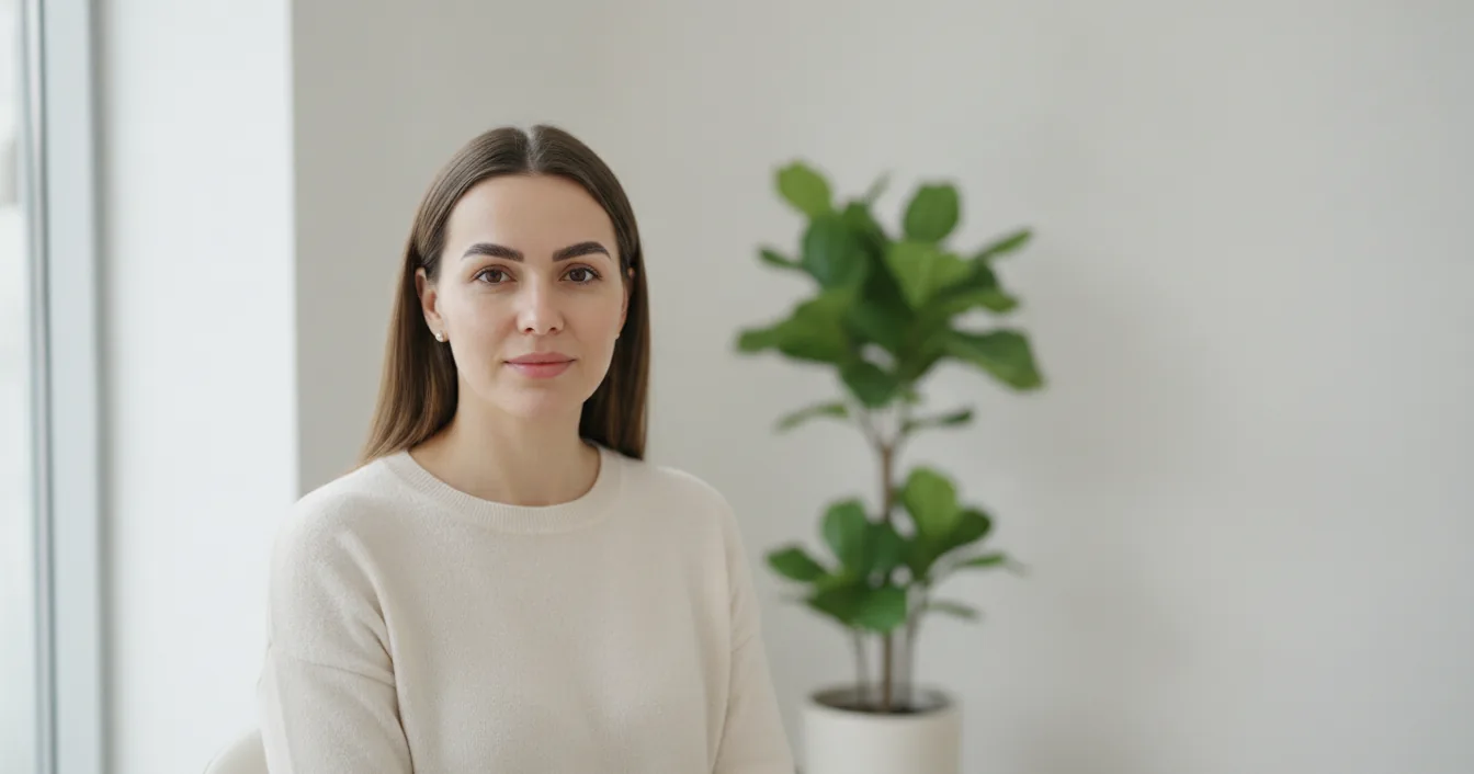 A woman with softly defined eyebrows sits in the bright, plant-filled reception area of a modern skin clinic.