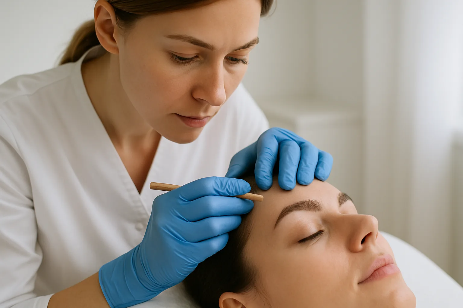 A pre-procedure consultation: before any pigment work begins, a gloved brow artist assesses the arch of a reclining client's natural eyebrow with a slim mapping pencil in a bright treatment room.