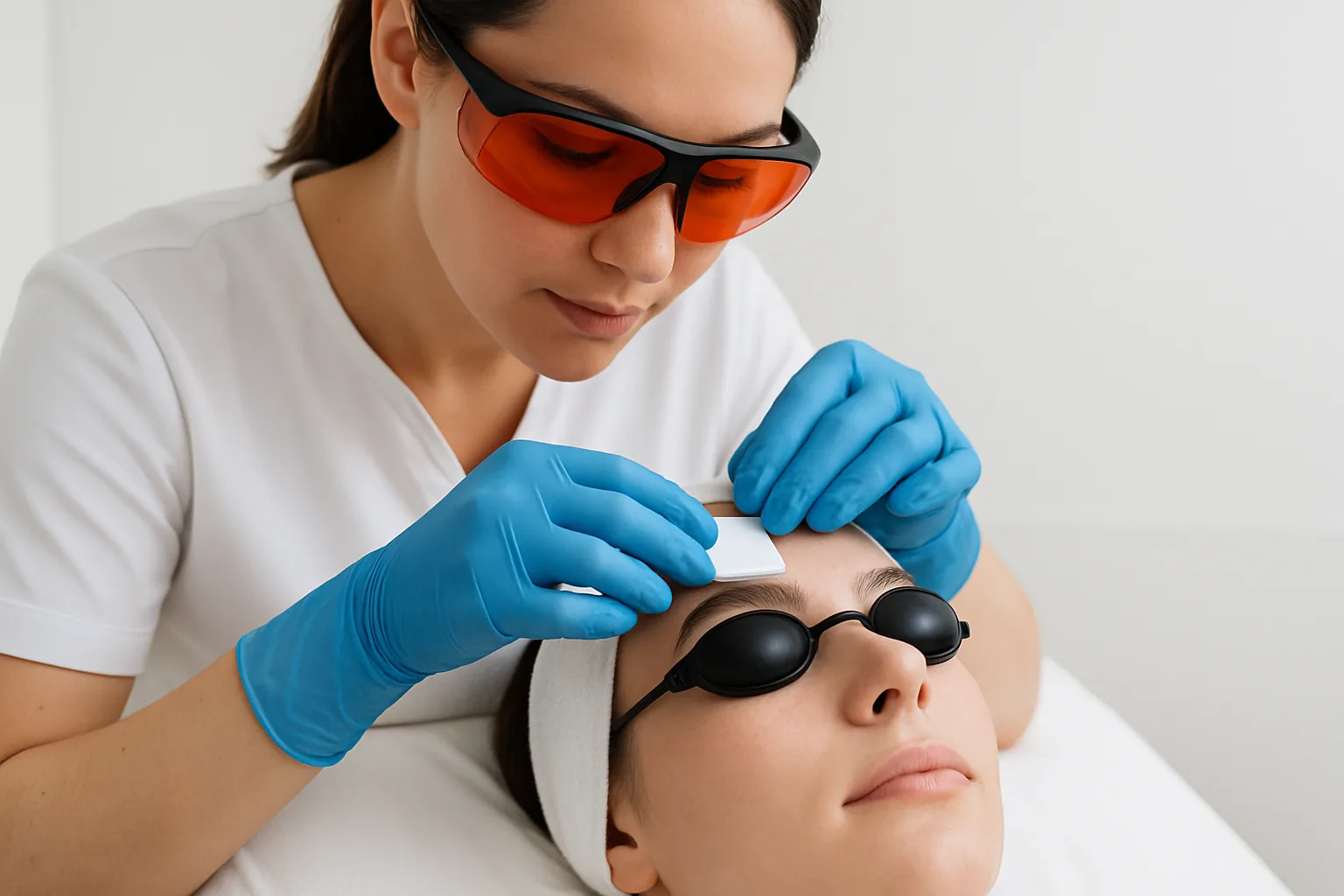 Before a laser session begins, a technician in orange protective glasses places a small opaque shield over the eyebrow of a reclining client who is wearing laser eye shields.