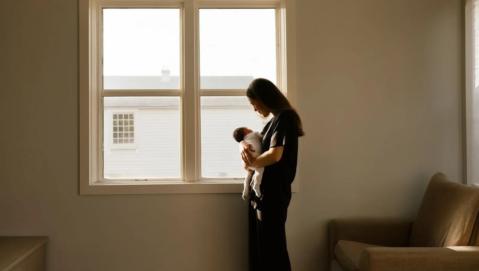 A mother holds her newborn baby beside a sunlit window in a calm room at home.
