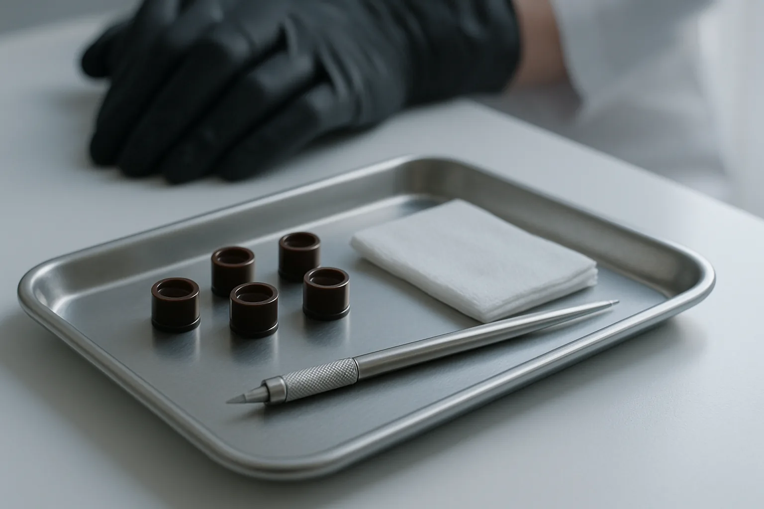 A stainless steel tray holding small unlabeled caps of brown pigment, folded gauze, and a microblading handtool beside a technician's gloved hand.