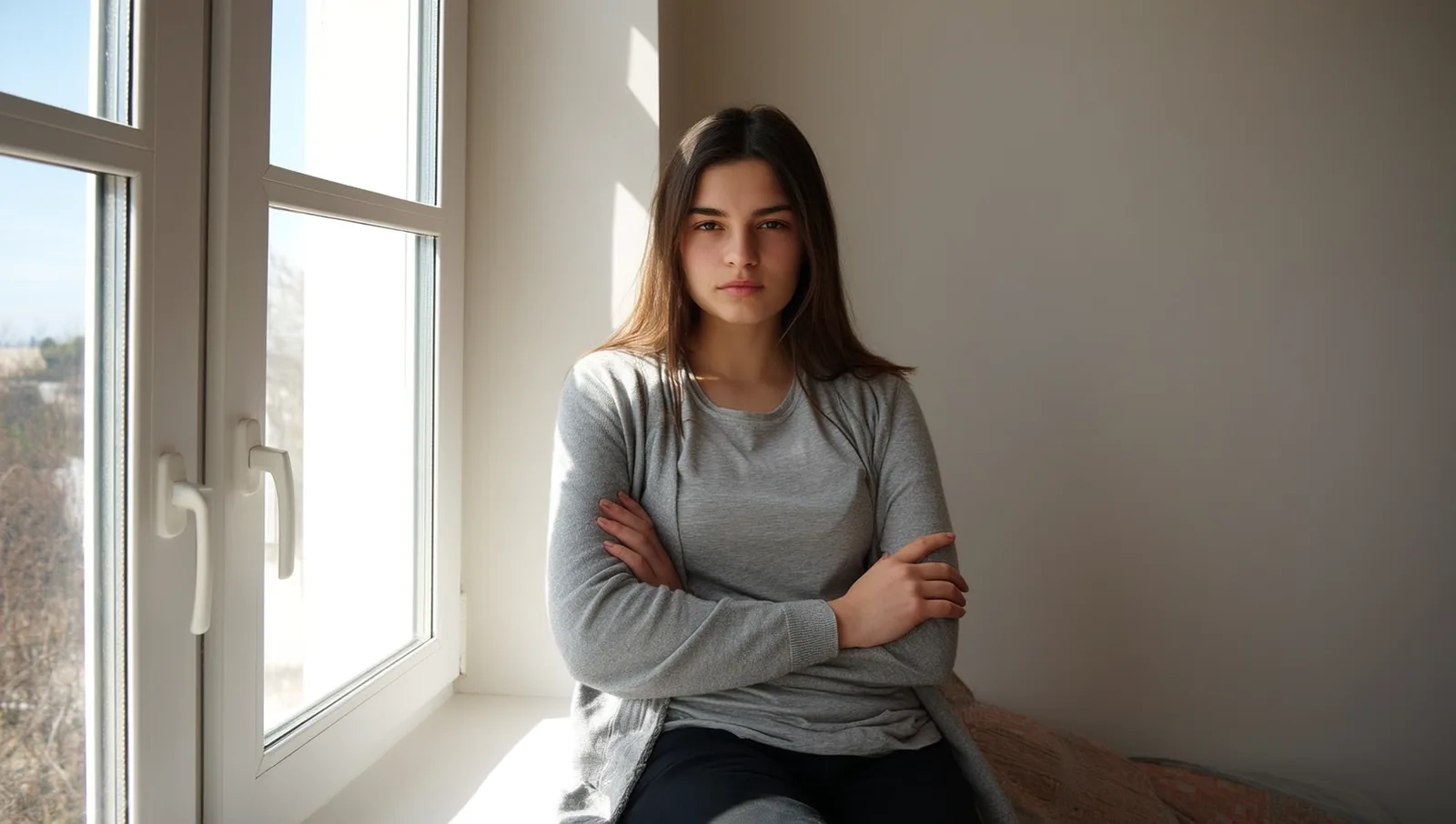 A woman in a grey sweater sits by a sunlit window with her arms folded and her hands away from her face.