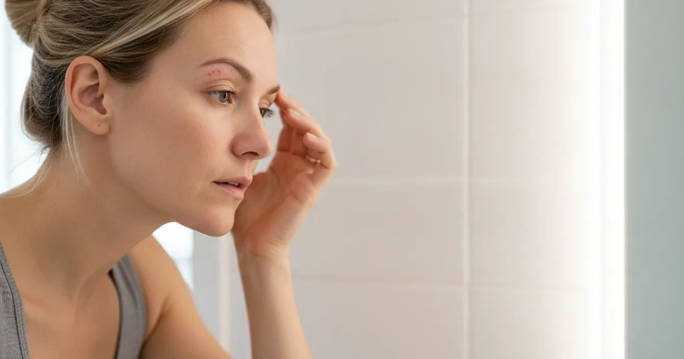 A woman leans into the light of a bright bathroom and examines the skin along her brow with her fingertips.