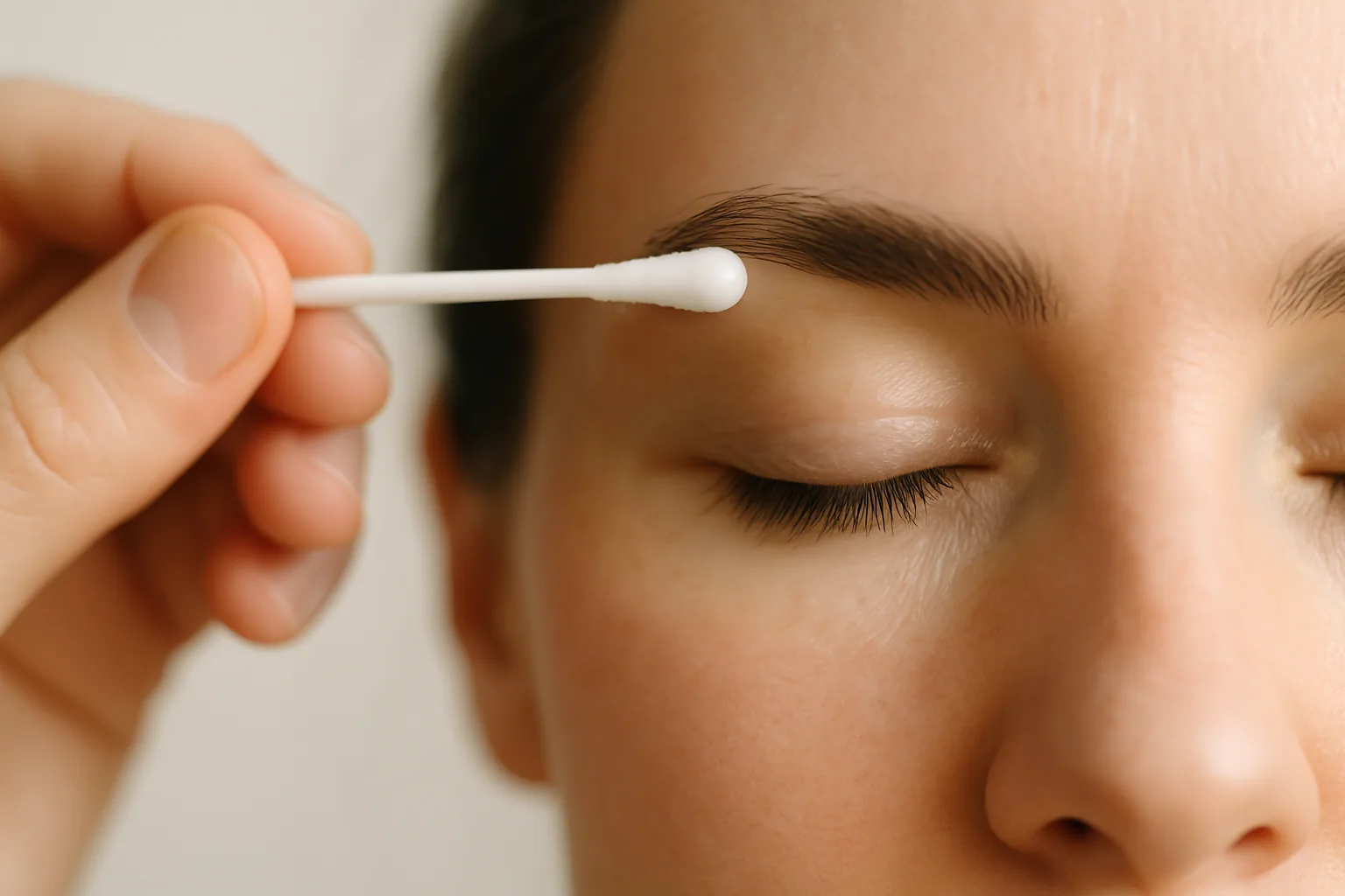 A clean white cotton swab applying a very thin layer of ointment along a woman's eyebrow.