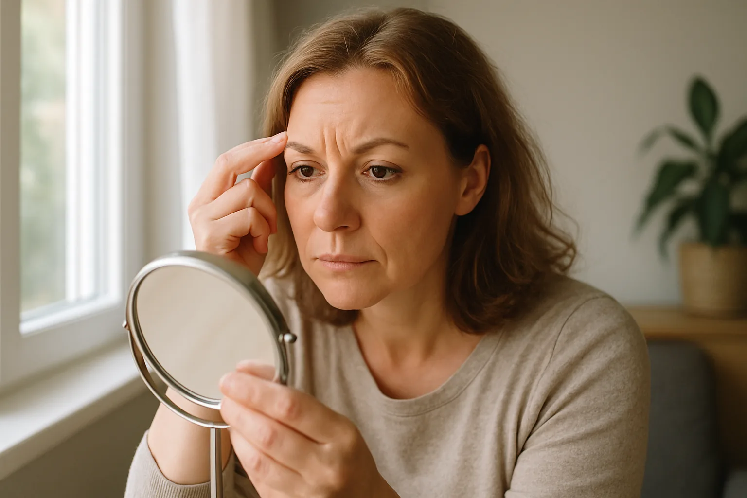 A woman in her forties studies her eyebrows in a round handheld mirror by a bright window, touching her brow with a thoughtful expression.