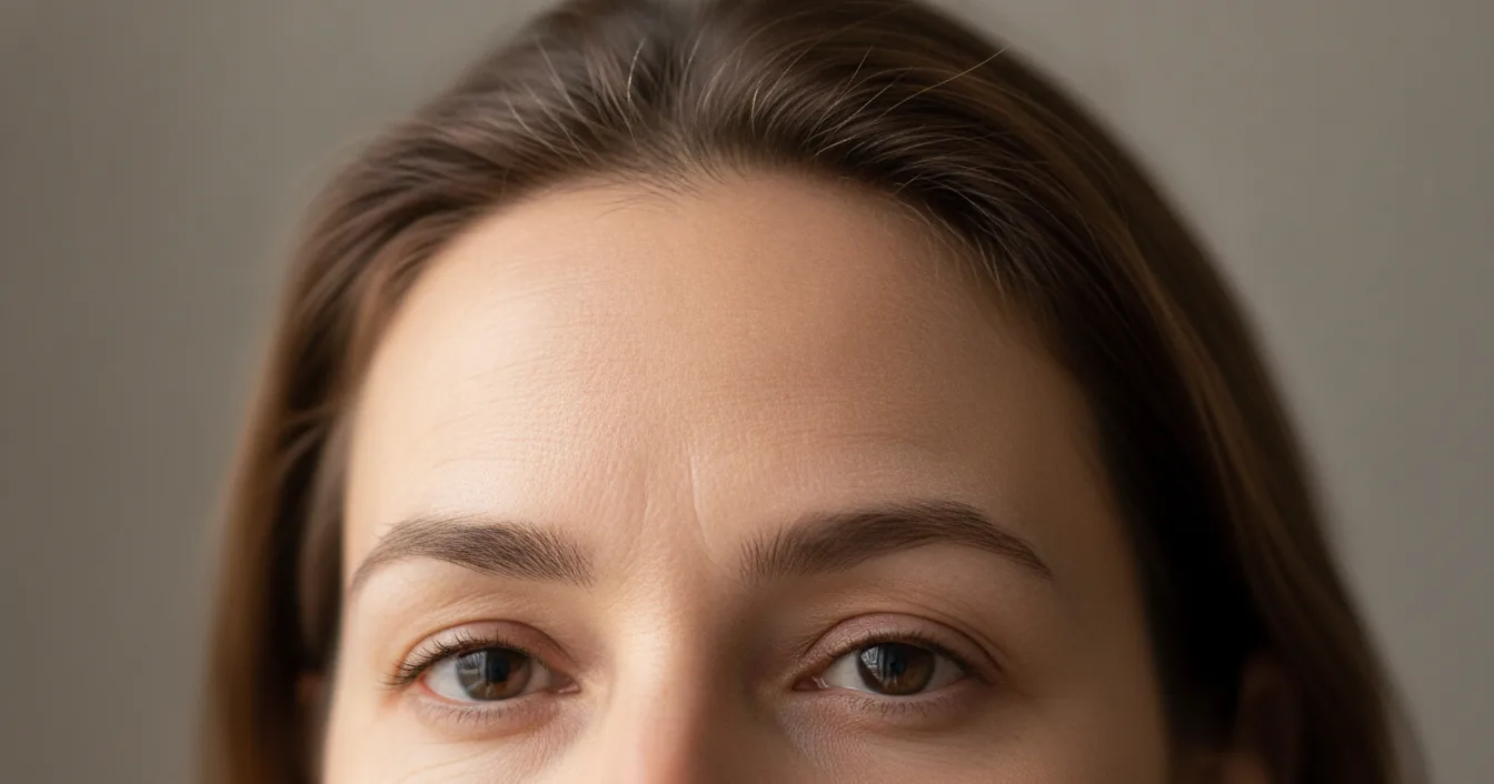 Close-up of a woman's upper face showing softly defined, naturally faded eyebrows and brown eyes against a neutral grey background.