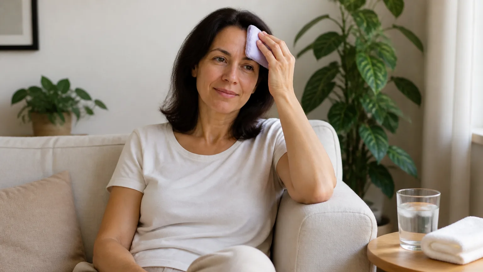 Woman at home holding a cold pack above her brow