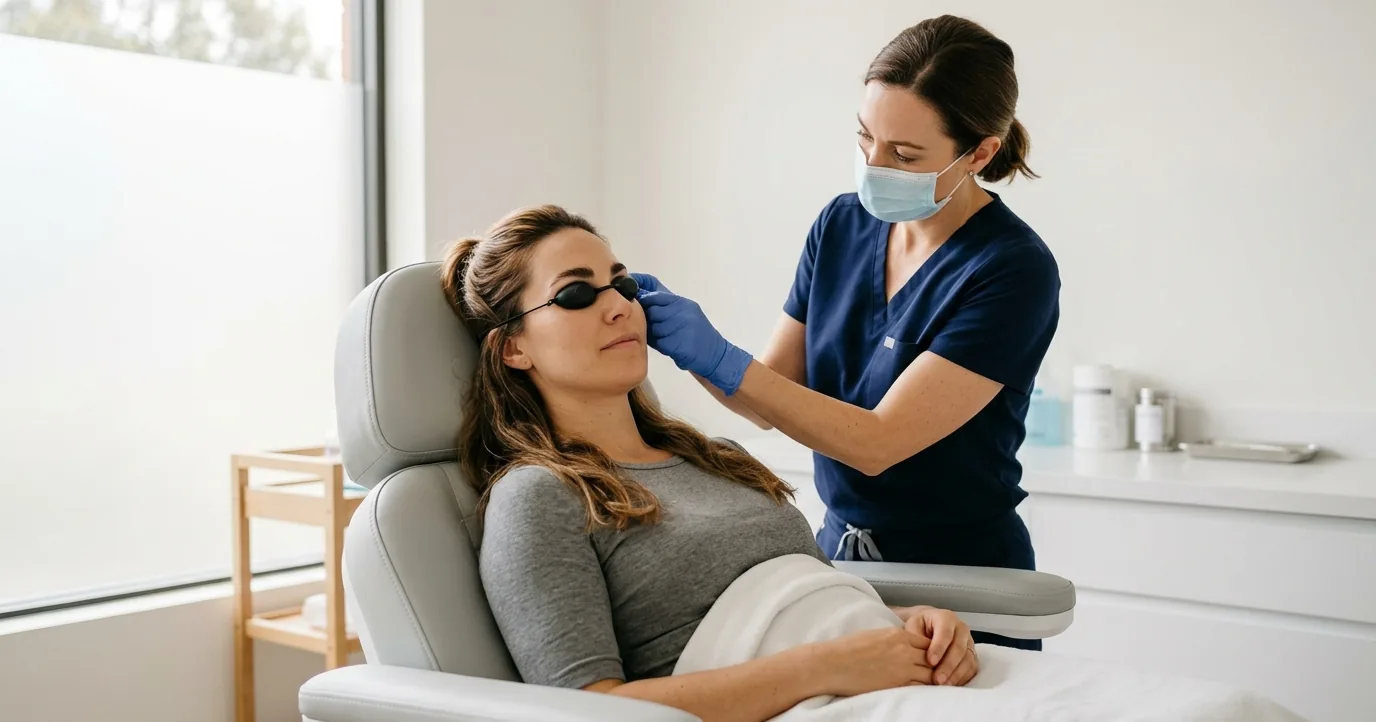 Clinician fitting eye shields on a seated client