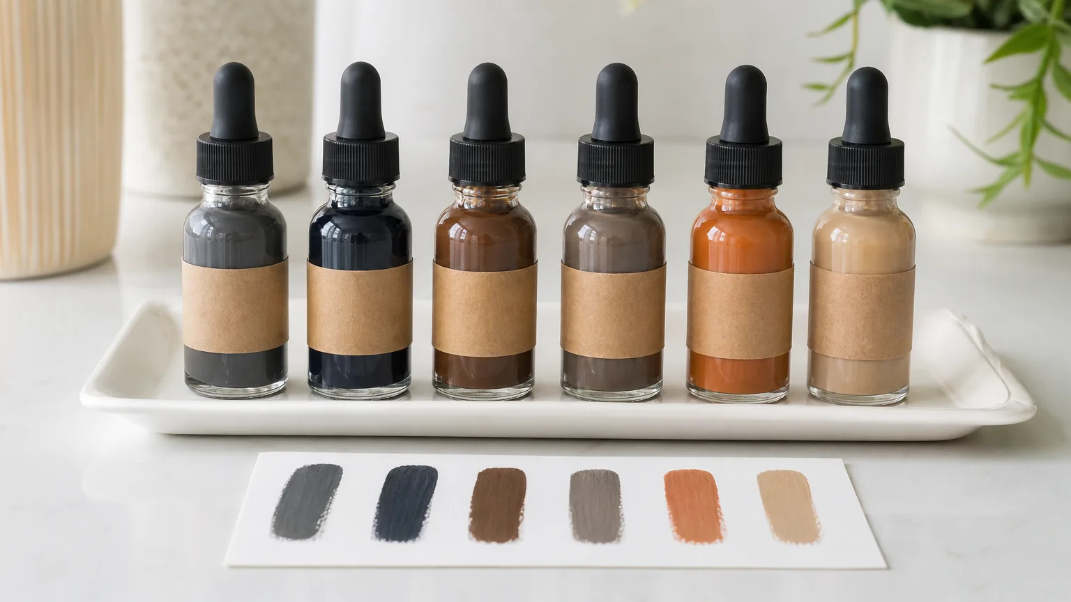 Brow pigment bottles in six shades with swatches