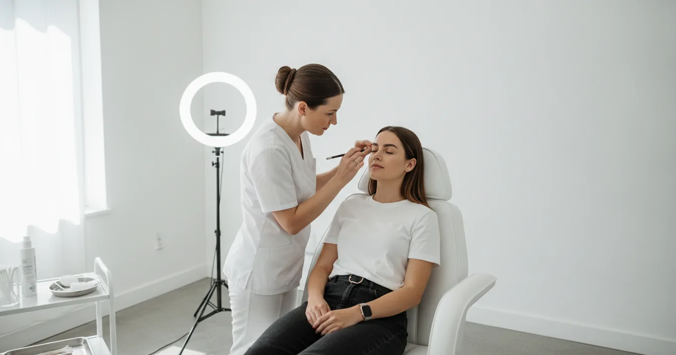 Artist holding a brow pencil beside a seated client's eyebrow