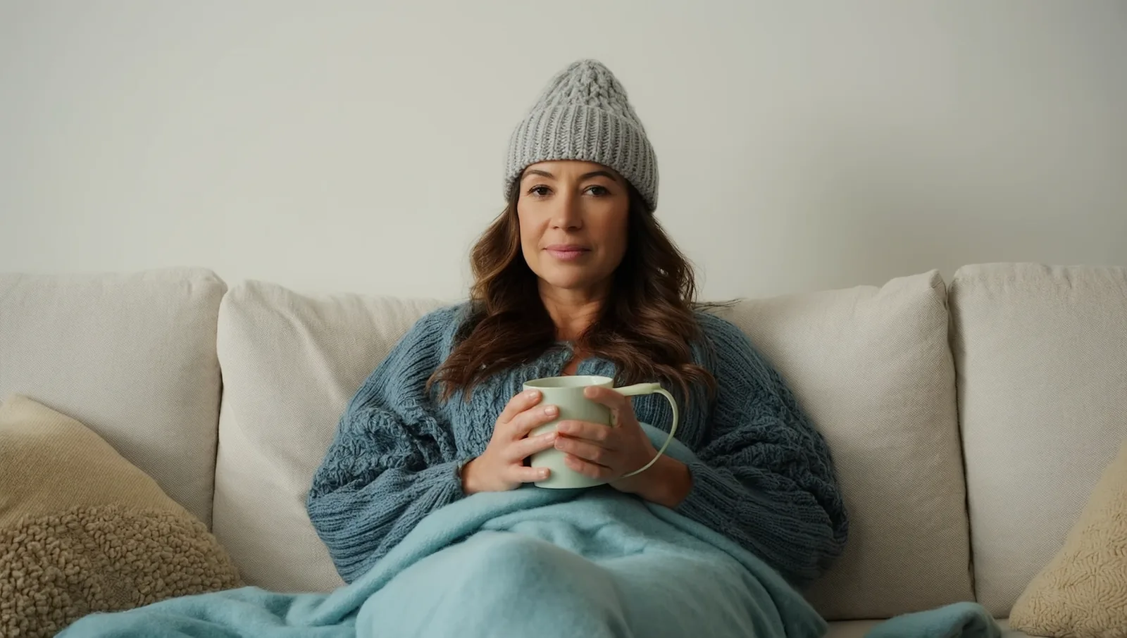 Woman on a sofa at home holding a mug