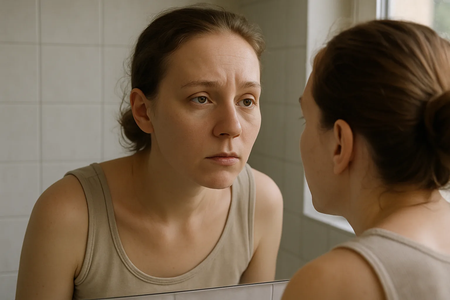 Woman at a bathroom mirror looking at her own eyebrows