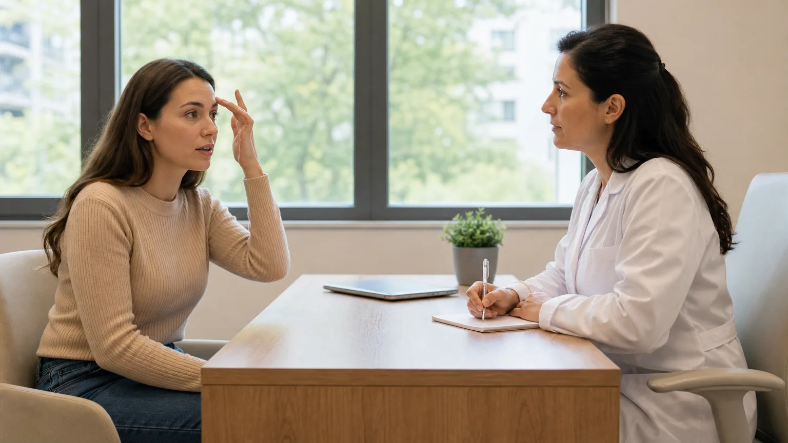 A woman points at her brow as a doctor takes notes