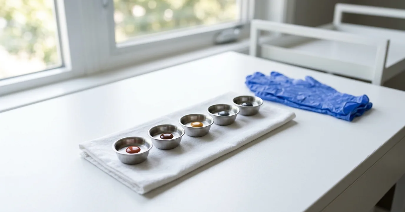 Metal pigment cups holding red and brown drops