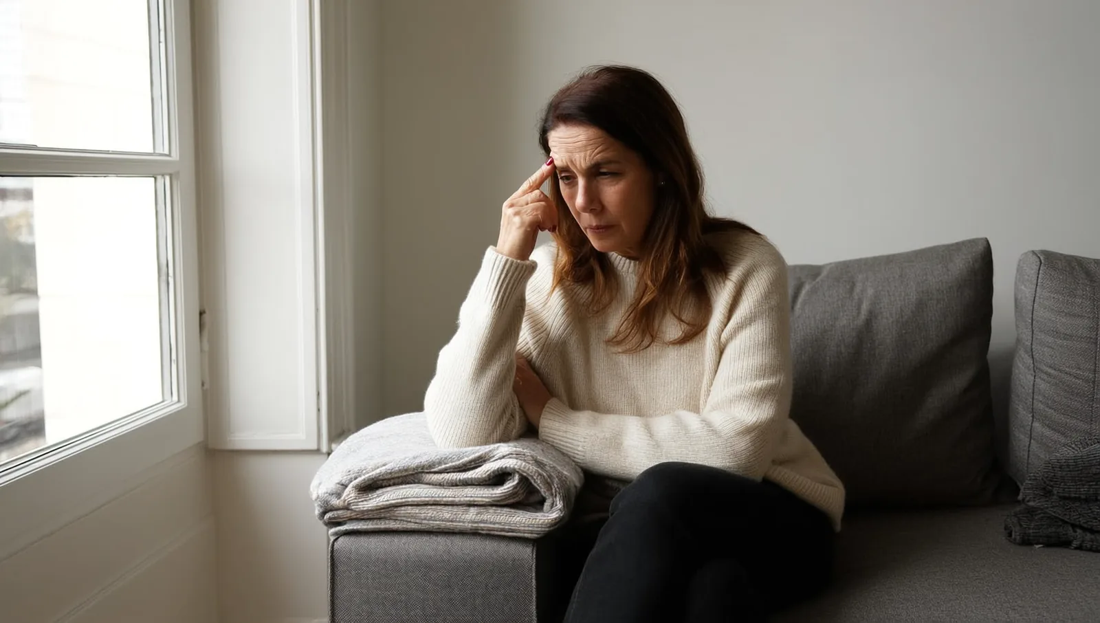 A woman on a sofa resting fingers against her brow