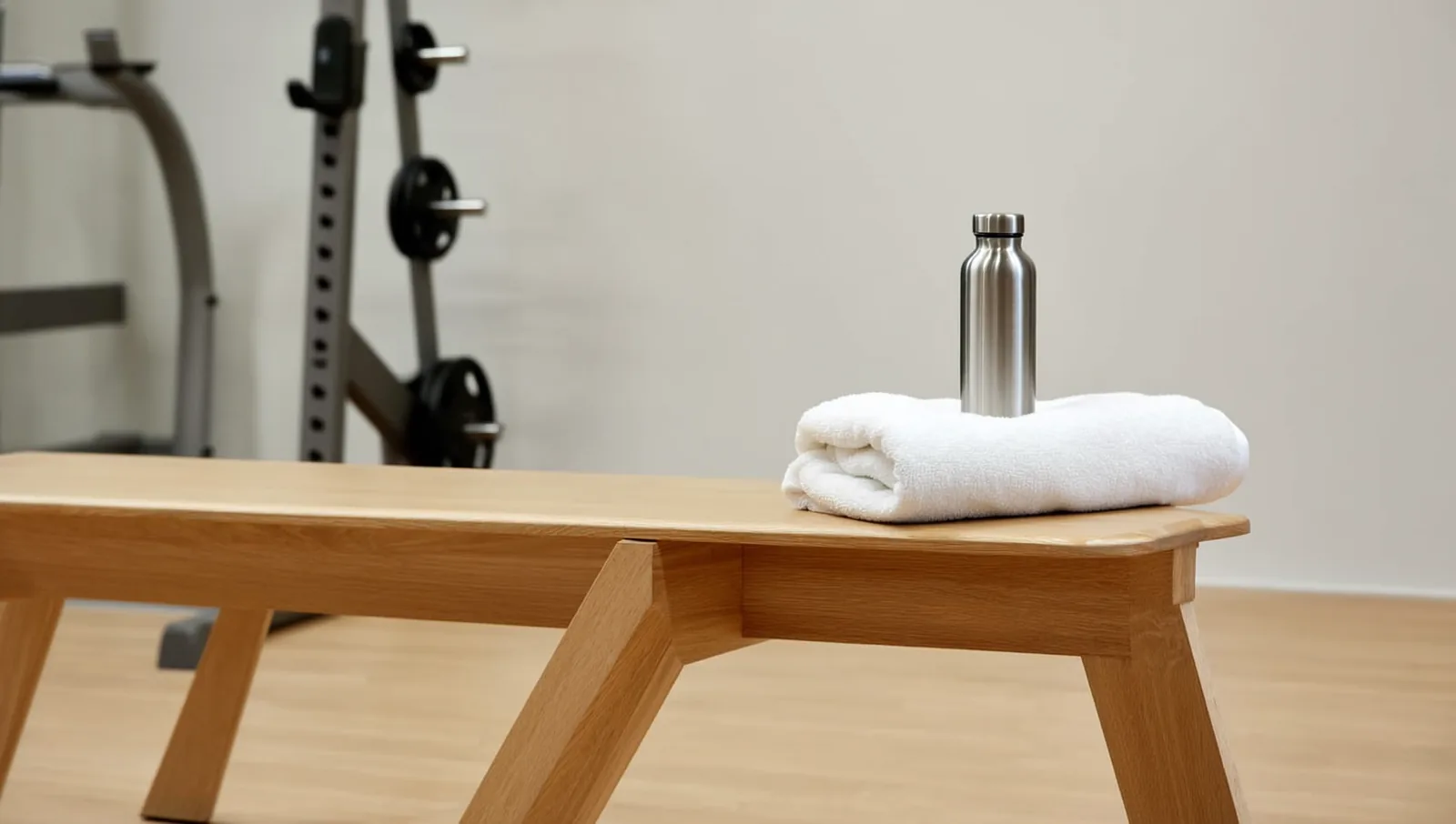 Rolled towel and steel water bottle on a wooden bench