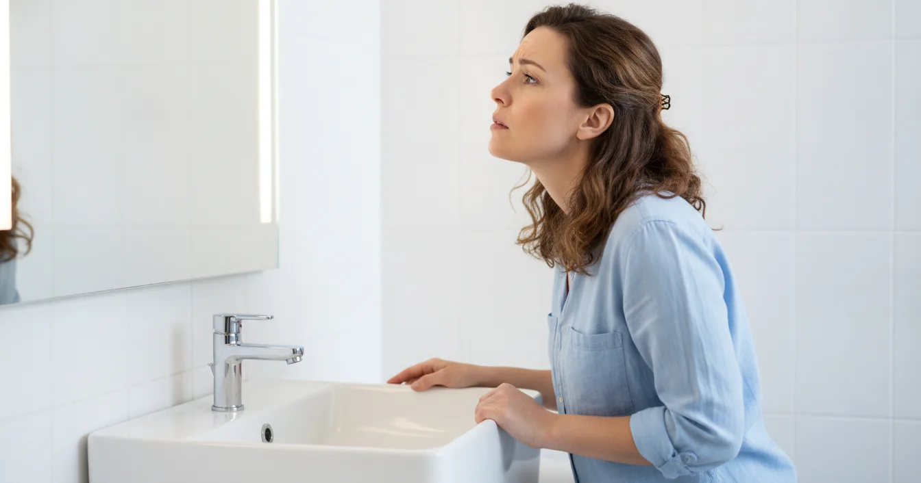 Woman leaning at a bathroom sink looking in the mirror