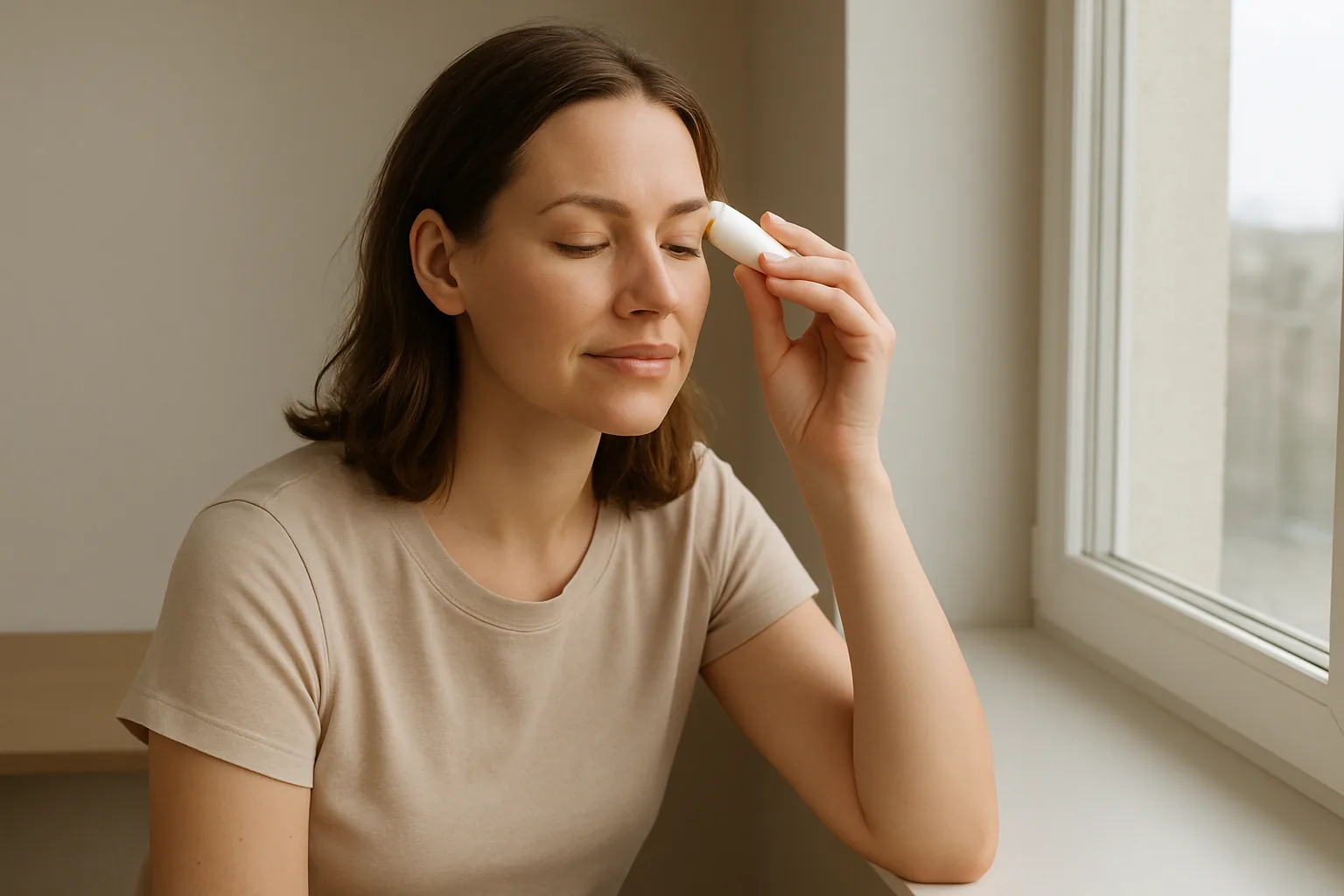 Woman pressing a sunscreen stick beside her eyebrow